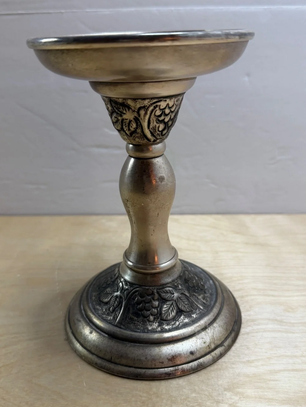 Pottery Barn Silver Tone Decorative Pillar Candle Holder with Grapevine Design
